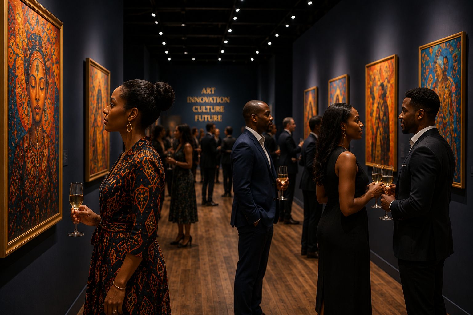 Guests in conversation at a gallery reception