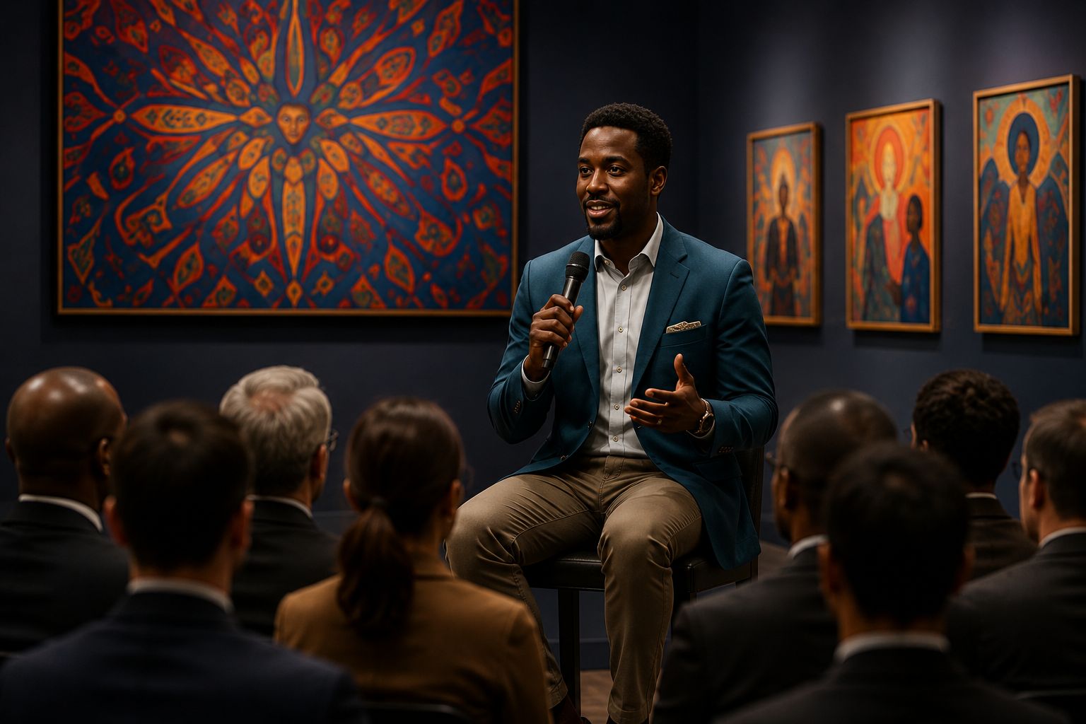 Artist speaking with a microphone in a gallery