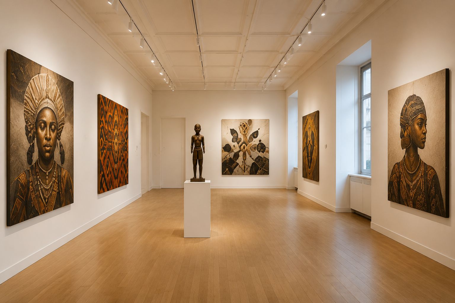 Gallery interior with framed portraits and sculpture